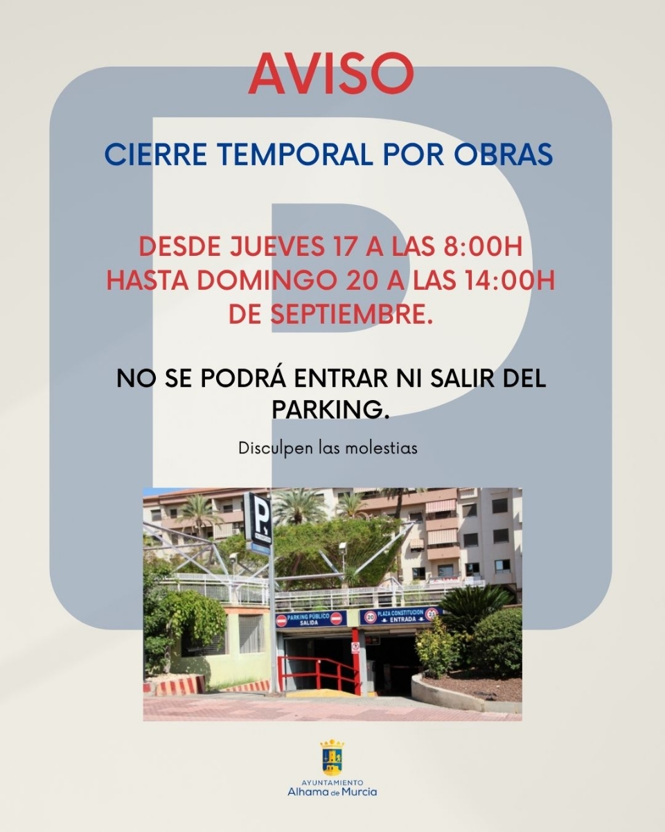 El parking municipal permanecerá cerrado temporalmente por obras del 17 al 20 de septiembre