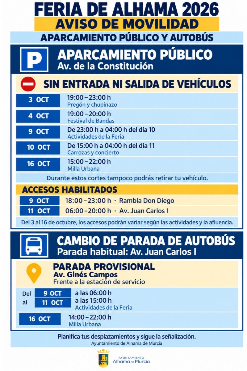 Cambios en el acceso al aparcamiento público y en la parada de autobús durante las fiestas patronales de Alhama
