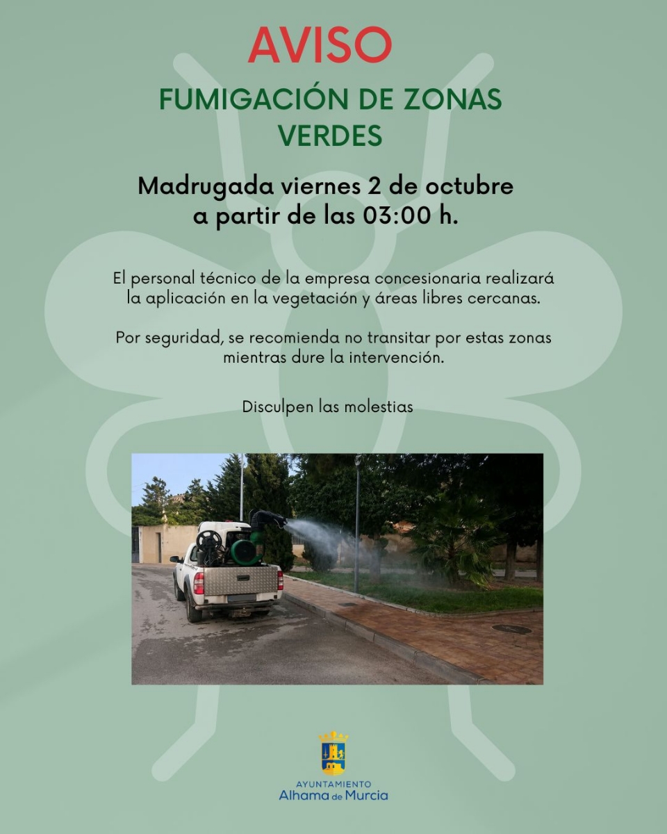 Aviso a la población por una fumigación contra los mosquitos durante la madrugada del viernes 2 de octubre