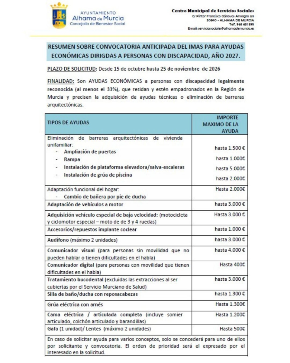 Abierto el plazo para solicitar ayudas para personas mayores y con discapacidad